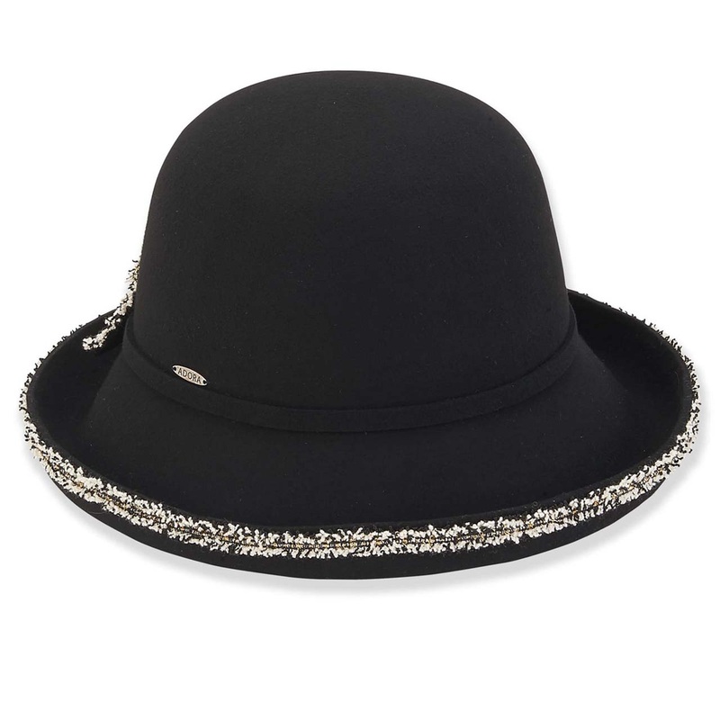 Adora Wool Hat – Up Brim Cloche Hat with Boucle Trim Black OS