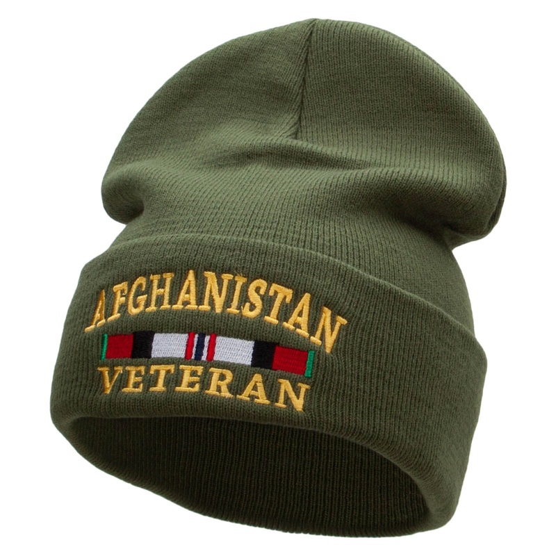 Afghanistan War Ribbon Embroidered 12 Inch Solid Knit Cuff Long Beanie Made in USA Military Green One Size