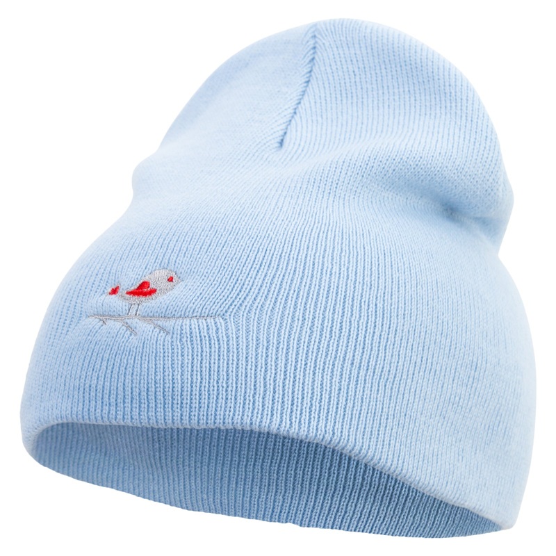 Cute Bird with Heart Embroidered 8 inch Acrylic Short Beanie Lt Blue One Size