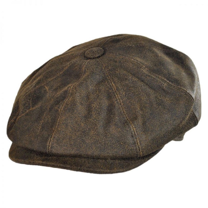 Distressed Leather Newsboy Cap BROWN S