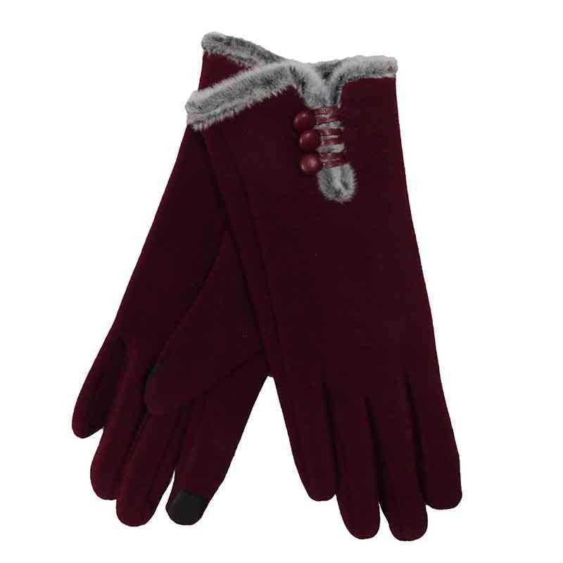 Fur Trimmed Texting Gloves with Button Accent Burgundy