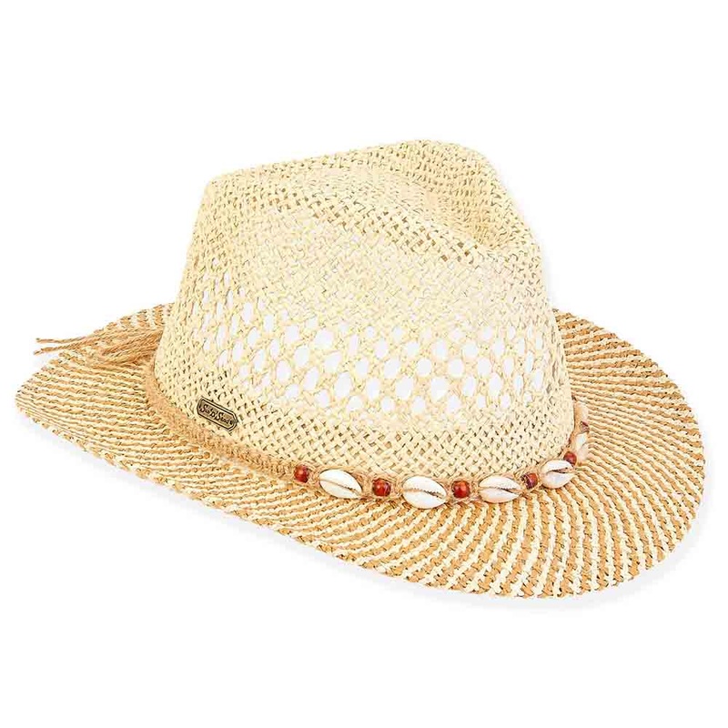 Open Weave Twisted Toyo Fedora with Shells  – Sun ‘N’ Sand Hats Natural OS (57 cm)