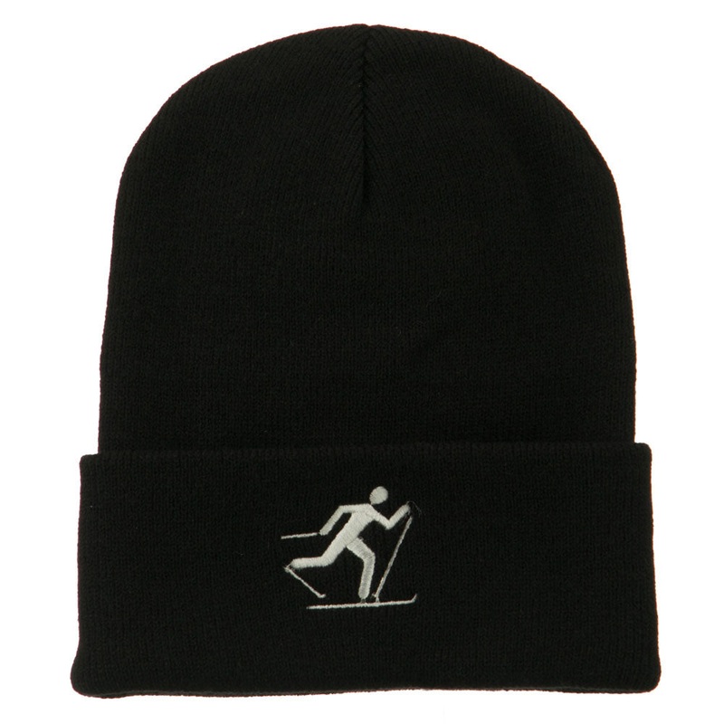 Ski Team Logo Embroidered Long Knit Beanie Black One Size