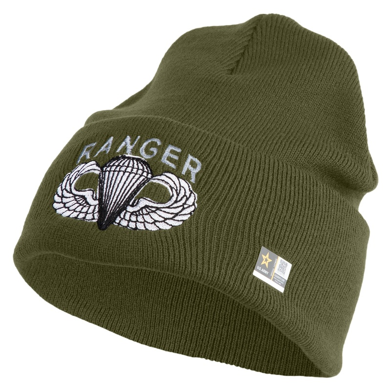 U.S. Army Paratrooper and Ranger Badge Logo Embroidered 12 Inch Solid Knit Cuff Long Beanie Made in USA Olive One Size