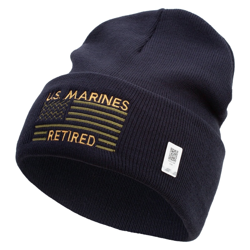 US Marines Retired Flag Logo Embroidered 12 Inch Solid Knit Cuff Long Beanie Made in USA Navy One Size