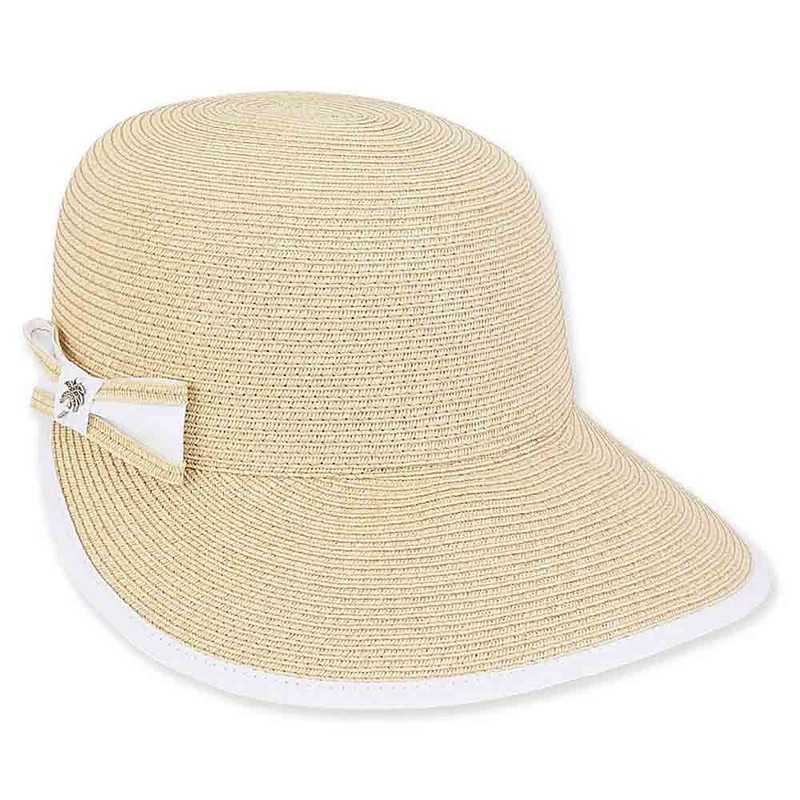 Ribbon Trimmed Wide Brim Cap with Palm Pin – Jeanne Simmons Hats White M/L (57-58 cm)